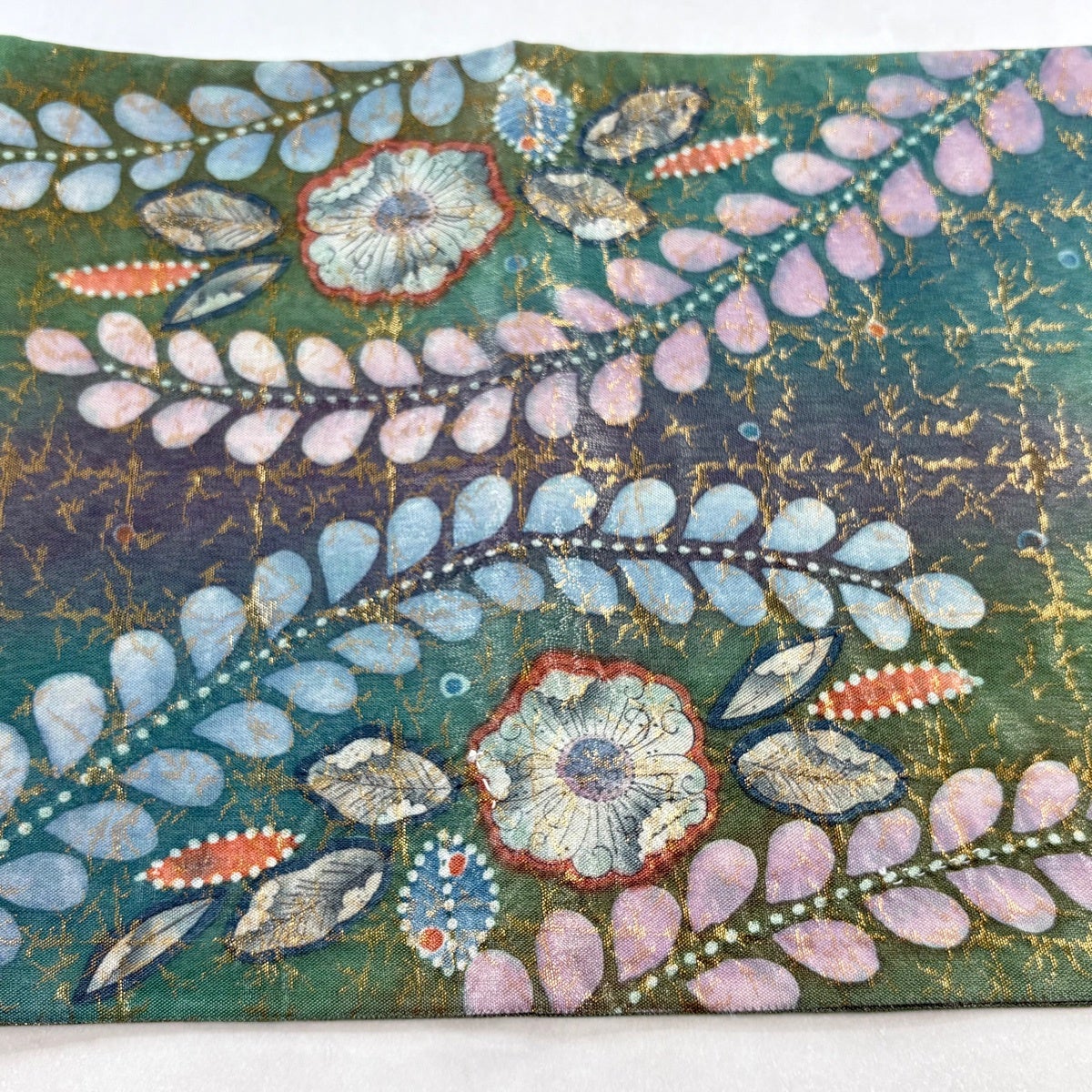 袋帯 辻が花模様 格子柄 金銀糸 振袖 銀色 O-2298 美品】 袋帯 名品 落款あり 辻が花 格子 銀糸 箔 薄緑 お太鼓柄 正絹