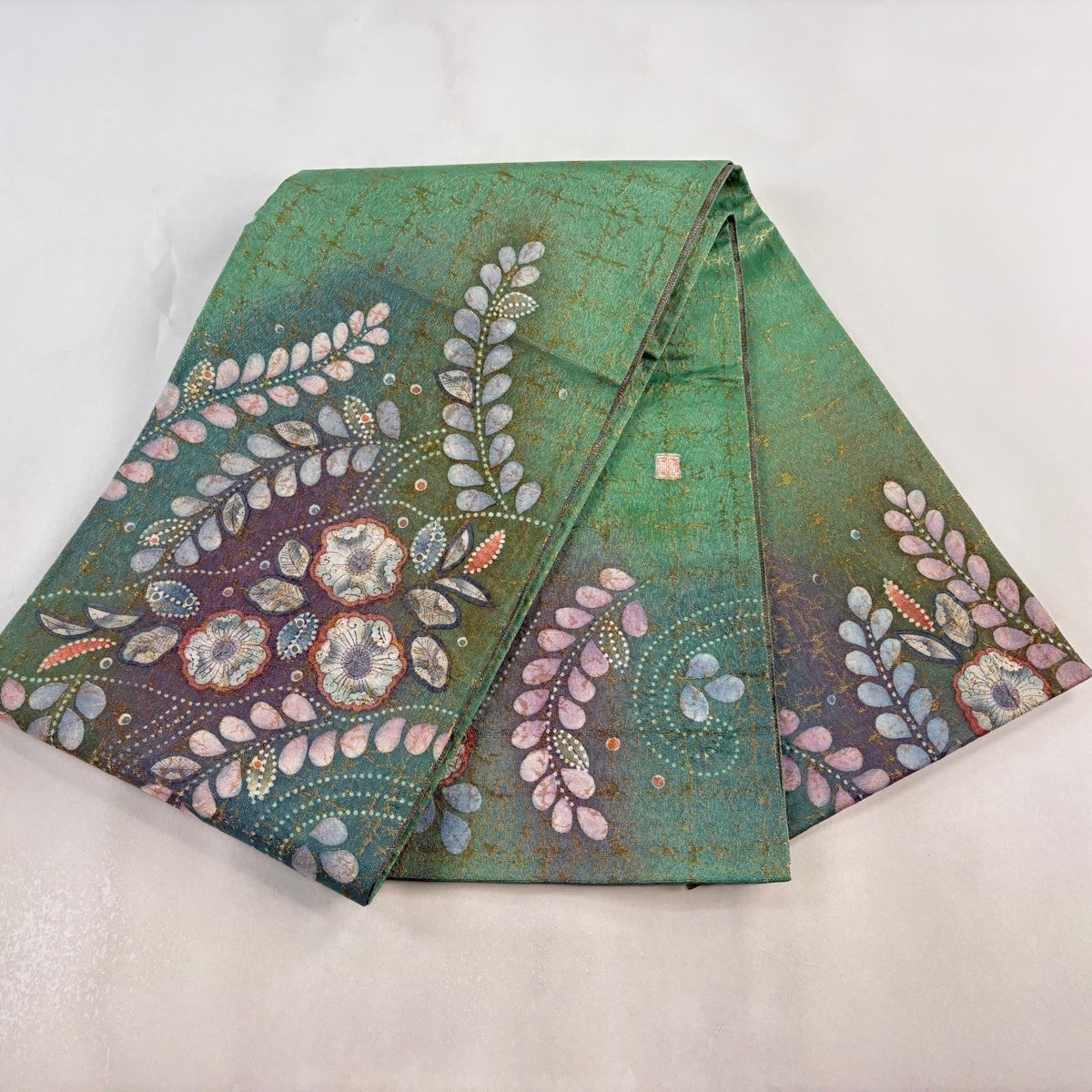 美品】 袋帯 名品 落款あり 辻が花 格子 銀糸 箔 薄緑 お太鼓柄 正絹