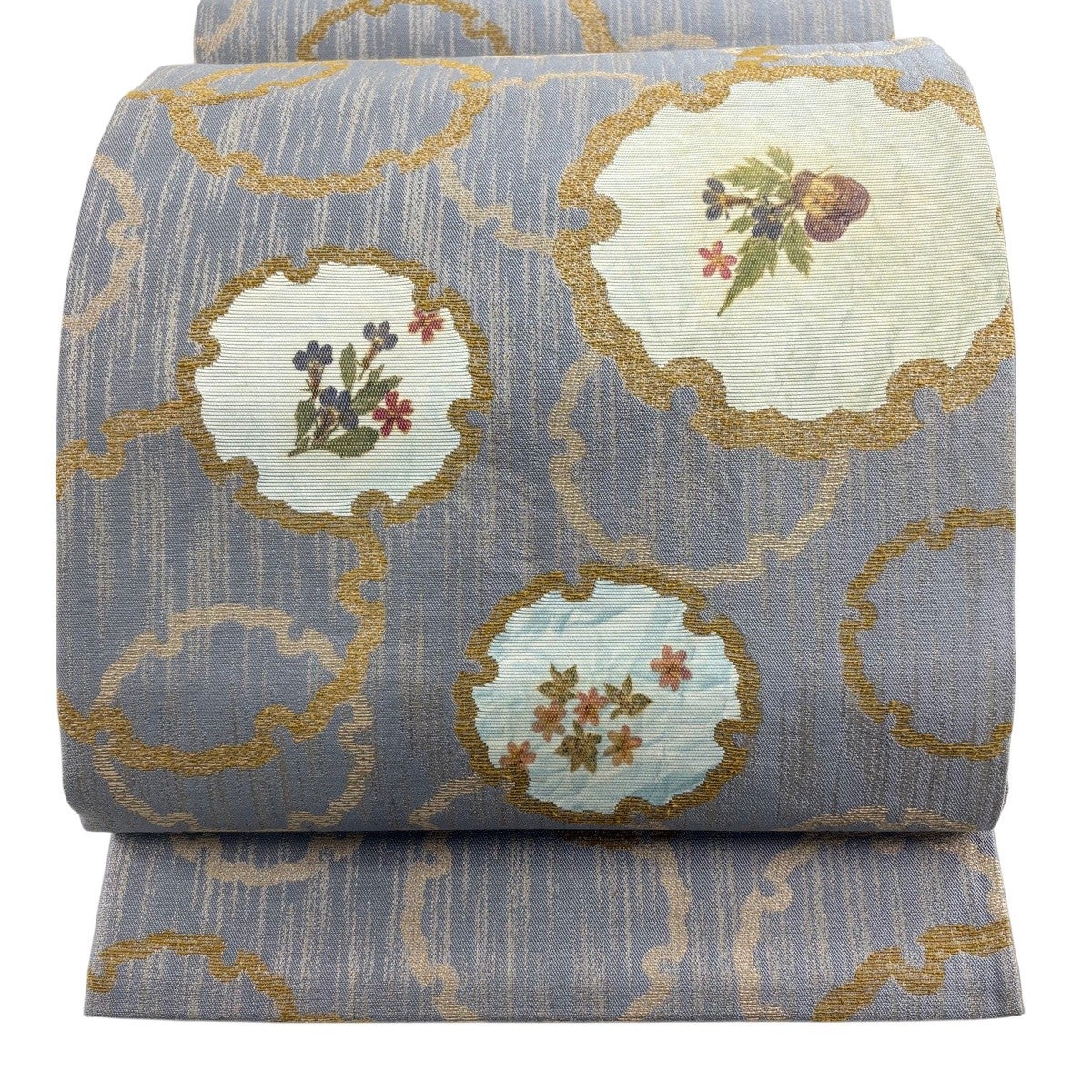 美品】 袋帯 名品 雪輪 草花 箔 灰色 お太鼓柄 正絹｜中古・古着