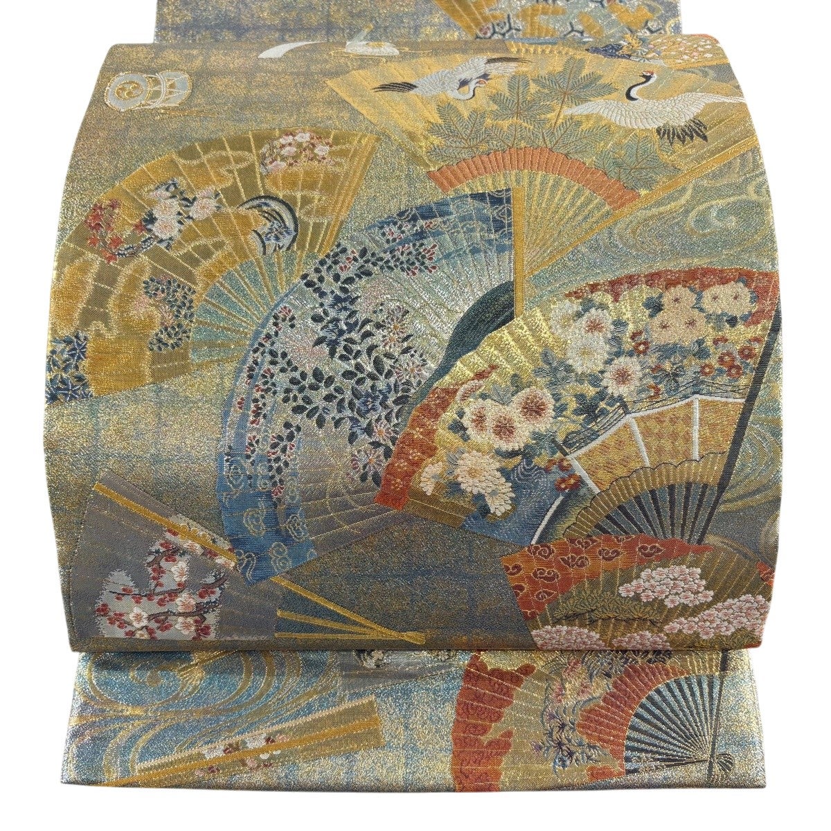 美品】 袋帯 秀品 花鳥 流水 箔 金色 お太鼓柄 正絹｜中古・古着