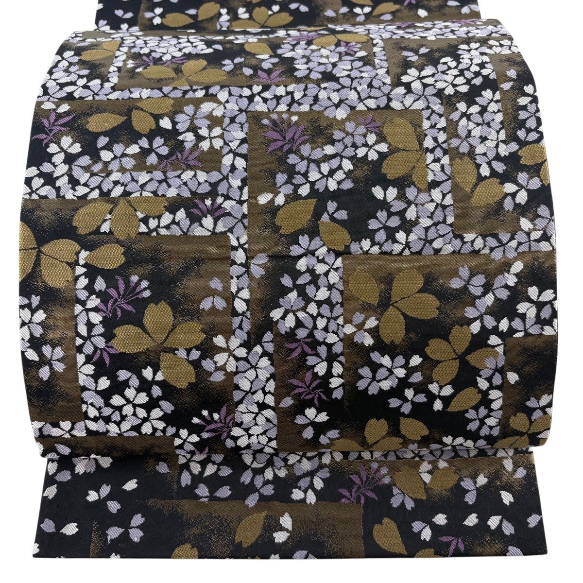 袋帯 名品 落款あり こむさでもーど 桜 幾何学模様 箔 黒 六通 正絹