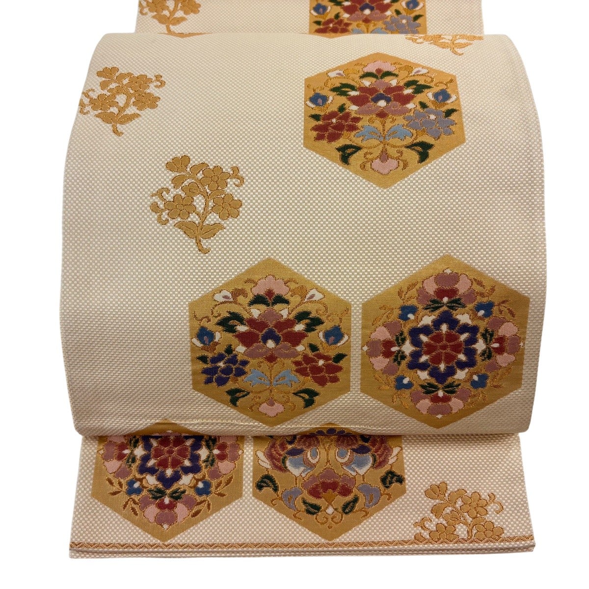 美品】 袋帯 名品 亀甲 華文 金糸 箔 ベージュ 六通 正絹｜中古・古着