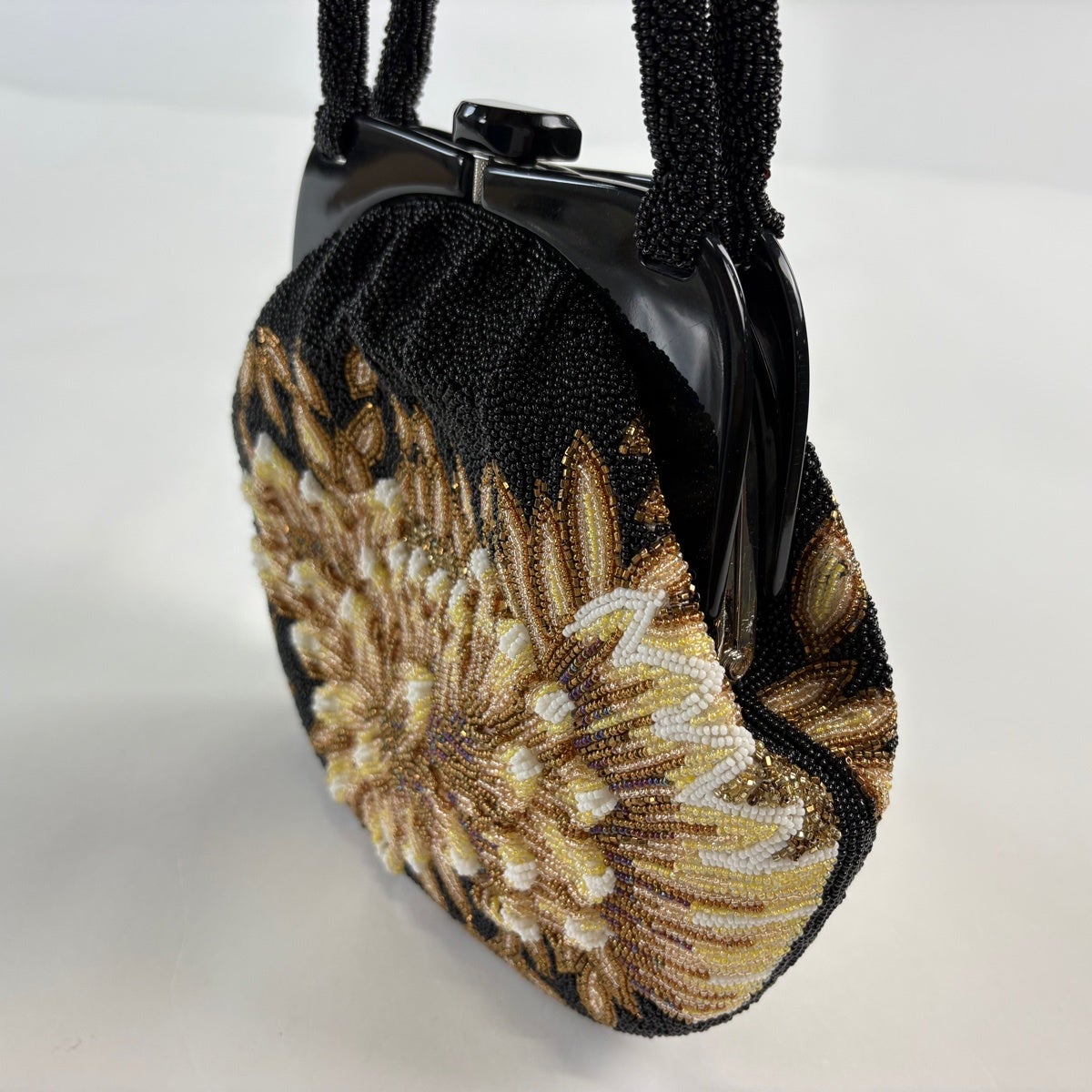 美品】和装バッグ 優品 ビーズバッグ フォーマル 花 黒 ビーズ 和装