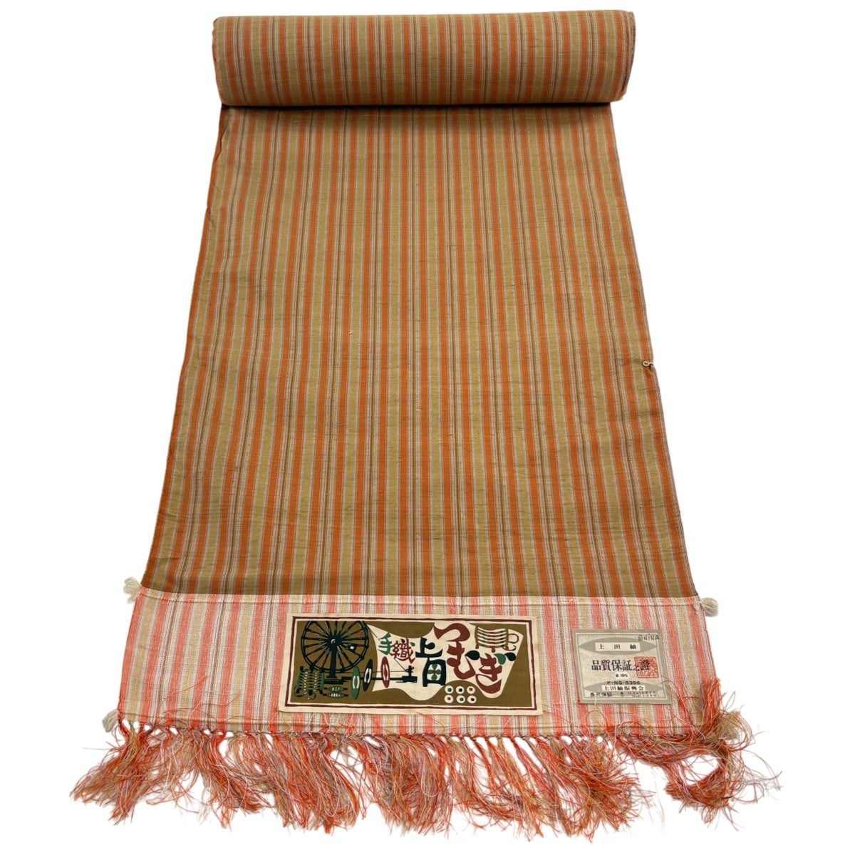 30%OFF 反物 名品 紬 上田紬 証紙 縦縞 オレンジ 正絹 K30｜中古・古着