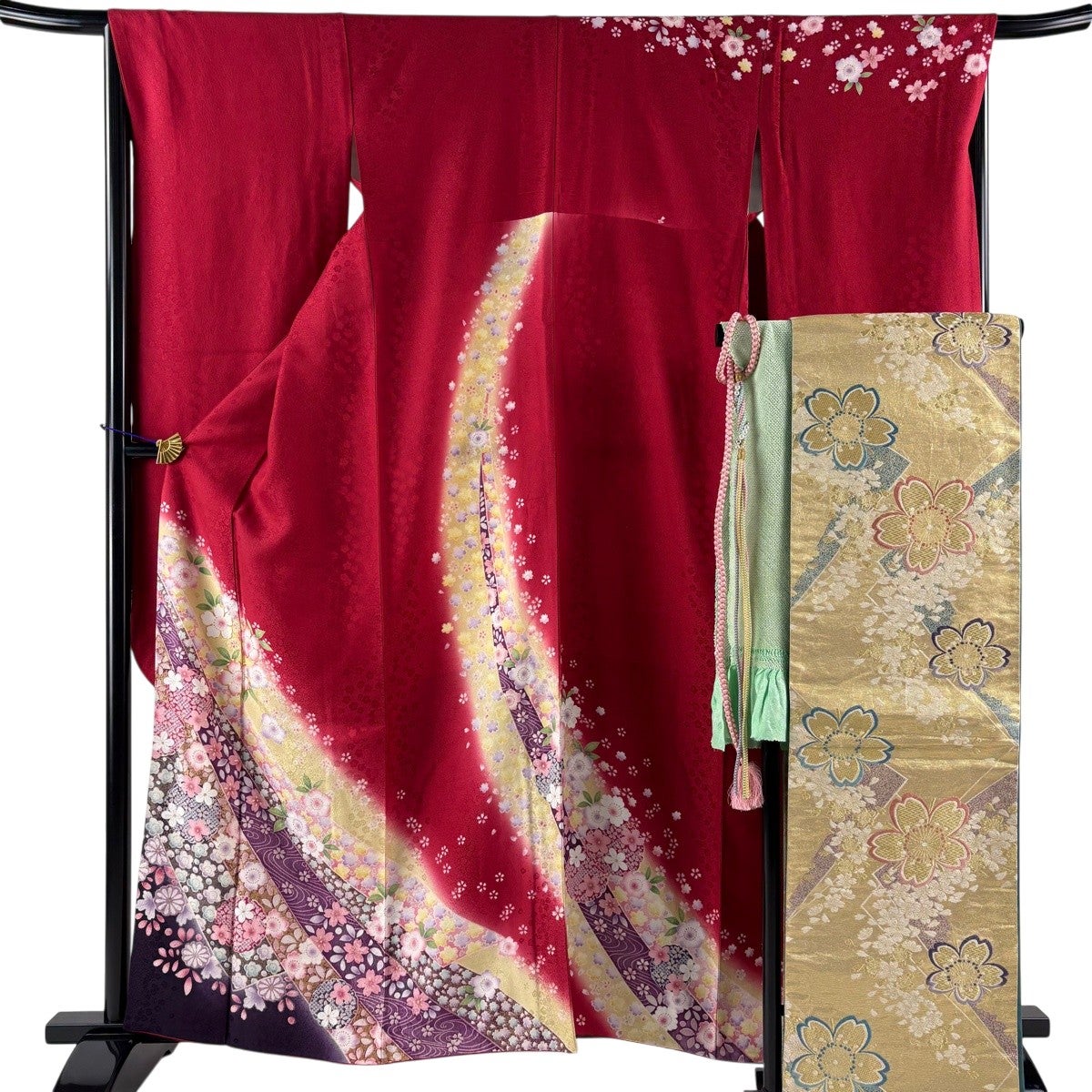美品】 振袖 身丈161cm 裄丈67cm M 袷 袋帯フルセット 桜 雪輪 金糸