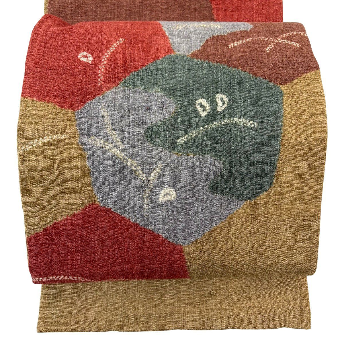 美品】 袋帯 秀品 紬地 華文 刺繍 山吹茶色 お太鼓柄 正絹｜中古・古着