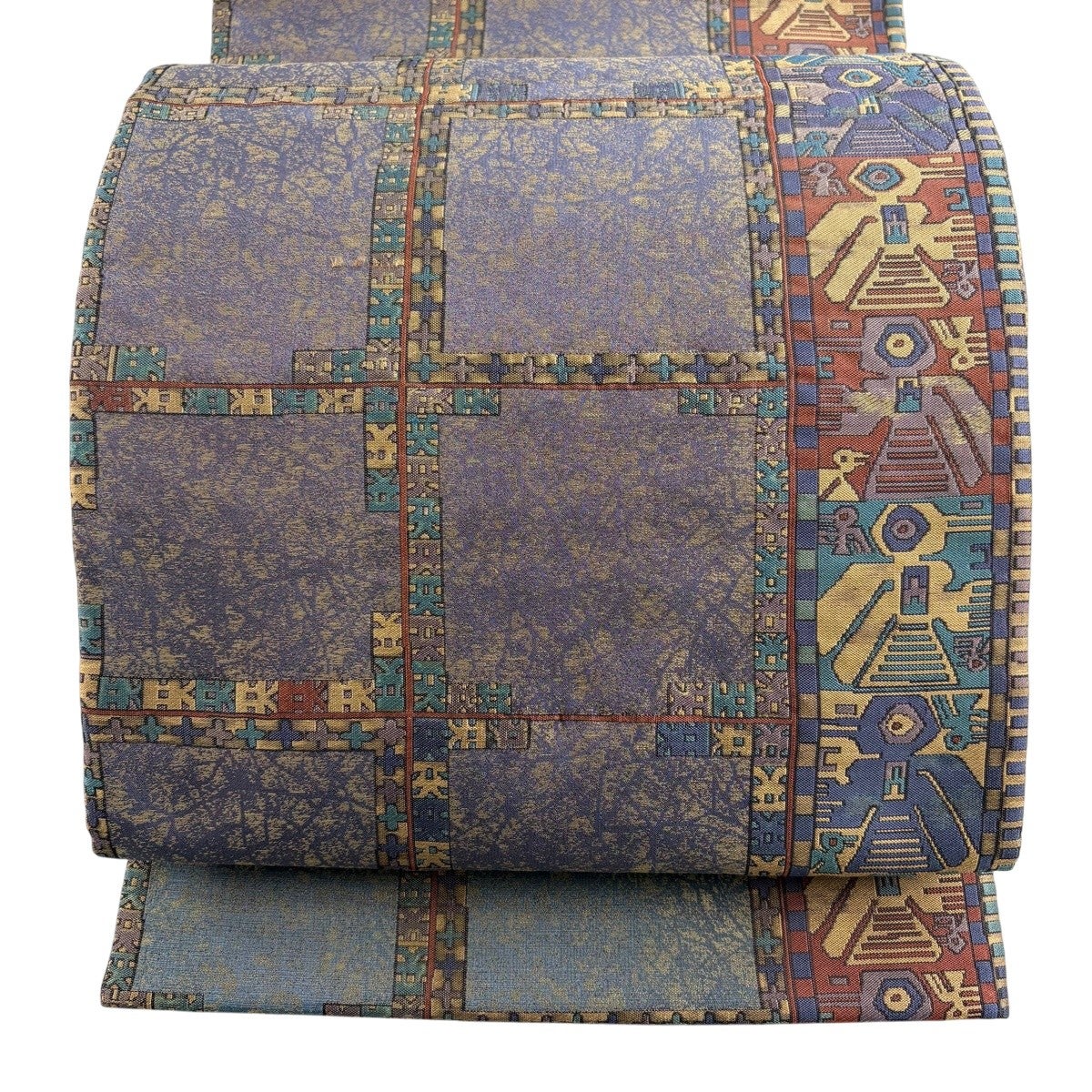 美品】 袋帯 名品 証紙あり 鳥 幾何学 金糸 灰紫 六通 正絹｜中古
