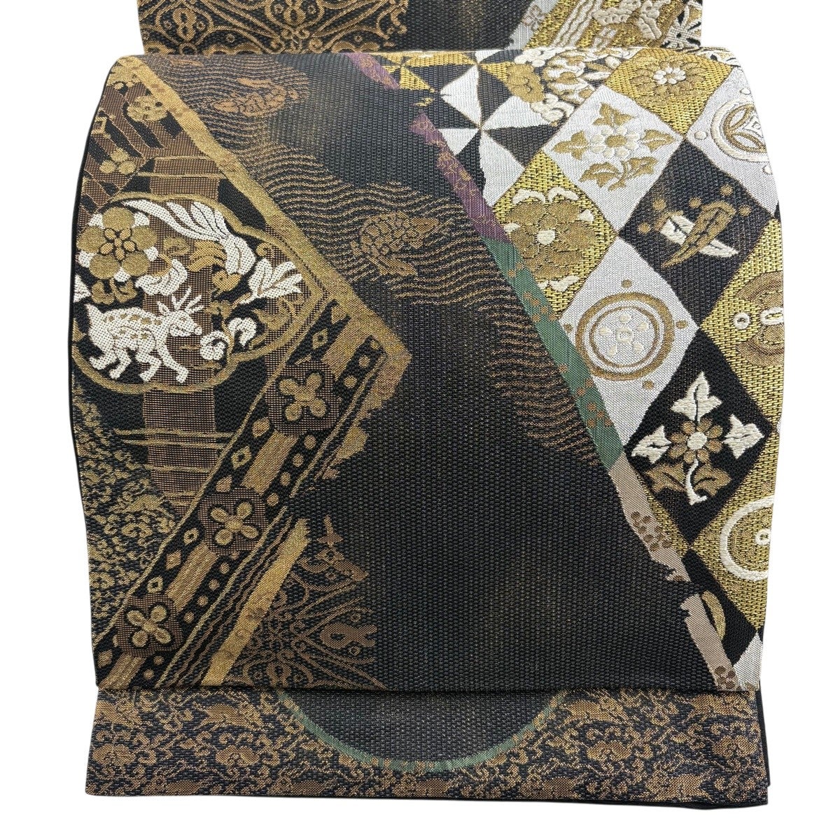 袋帯 秀品 七宝華文 金銀糸 唐織 黒 六通 正絹｜中古・古着