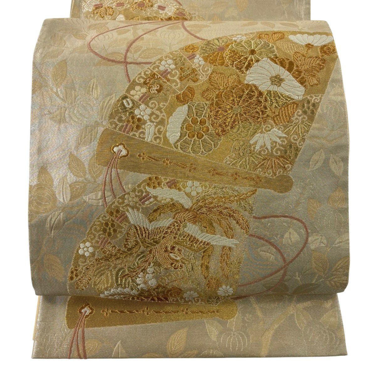 美品】 袋帯 秀品 振袖向き 蝶 牡丹 箔 金銀糸 金色 六通 正絹｜中古
