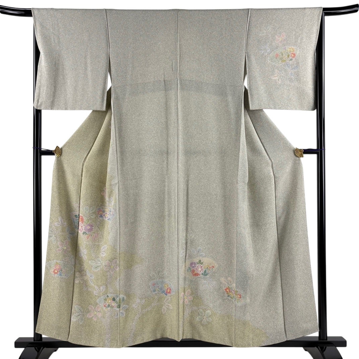 付下げ 身丈167.5cm 裄丈67cm M 袷 扇面 草花 刺繍 ぼかし 抹茶色 正絹