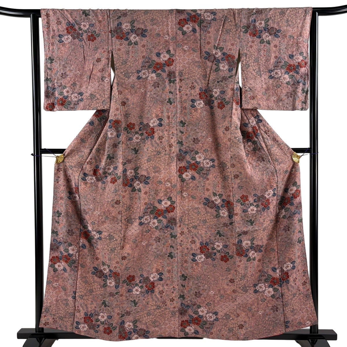 小紋 身丈159cm 裄丈63cm S 袷 草花 絞り 薄小豆 正絹 優品|中古 小紋 身丈159cm 裄丈63cm S 袷 草花 絞り 薄小豆 正絹 優品|中古