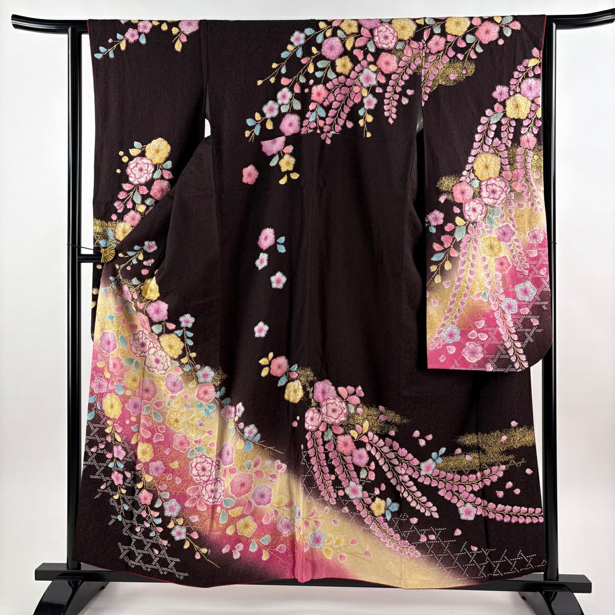 振袖 身丈159cm 裄丈63cm S 袷 蝶 草花 金彩 金通し 焦茶色 正絹 名品