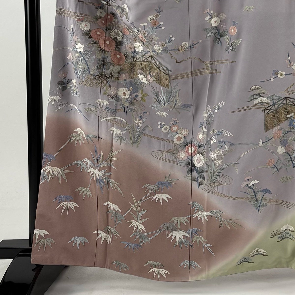 訪問着 身丈163cm 裄丈67cm M 袷 松竹梅 秋草 刺繍 金糸 灰紫 正絹