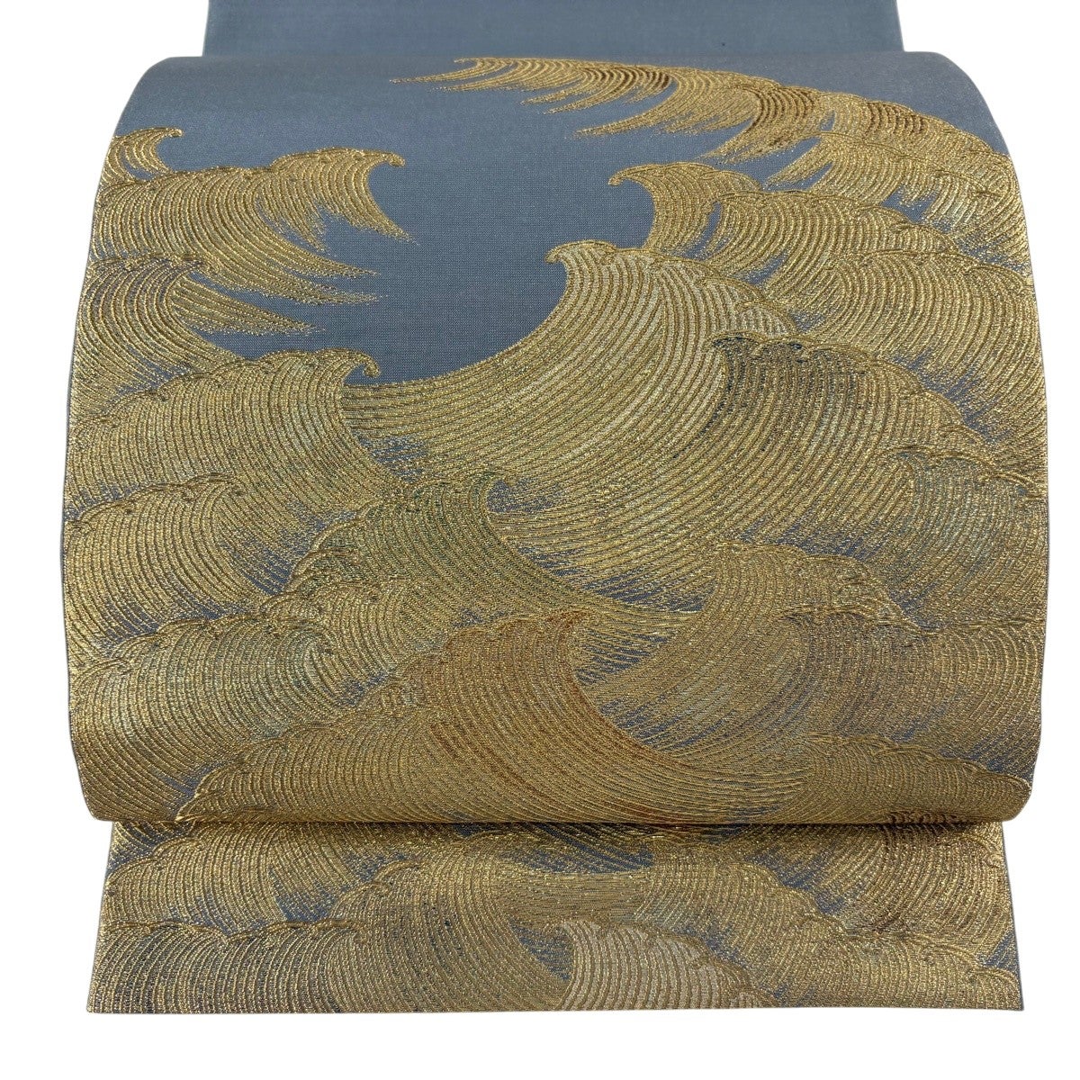 袋帯 逸品 波 金糸 箔 青灰色 お太鼓柄 正絹｜中古・古着・リサイクル
