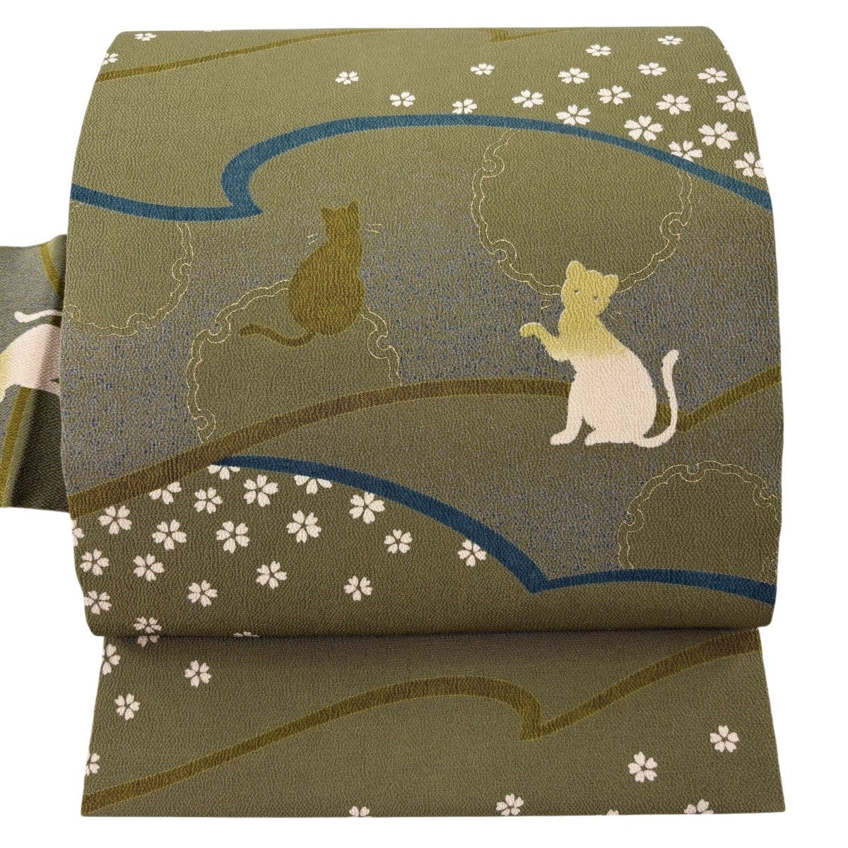 美品】 名古屋帯 逸品 ねこ 雪輪 縮緬 金彩 よもぎ色 正絹｜中古・古着