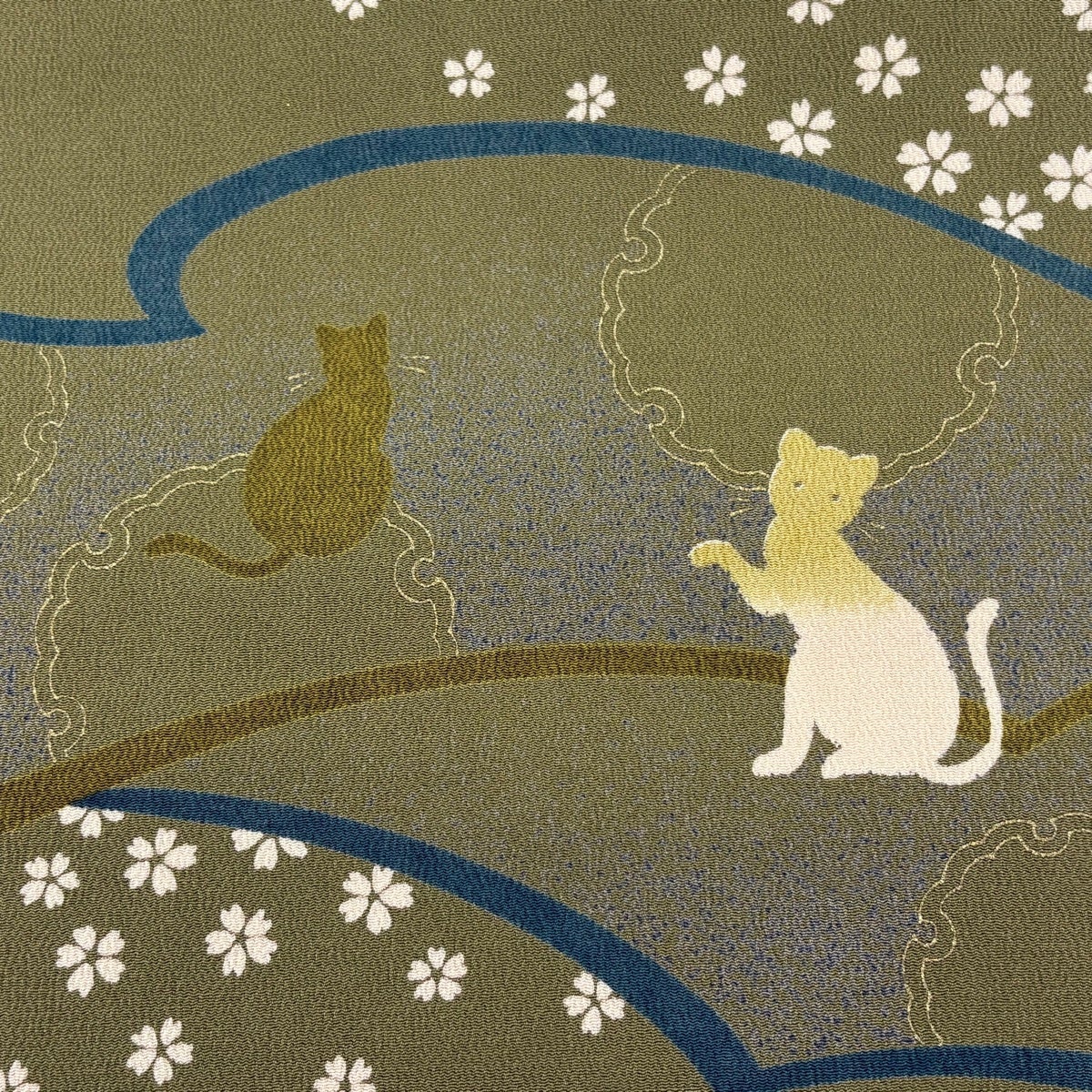 美品】 名古屋帯 逸品 ねこ 雪輪 縮緬 金彩 よもぎ色 正絹｜中古・古着