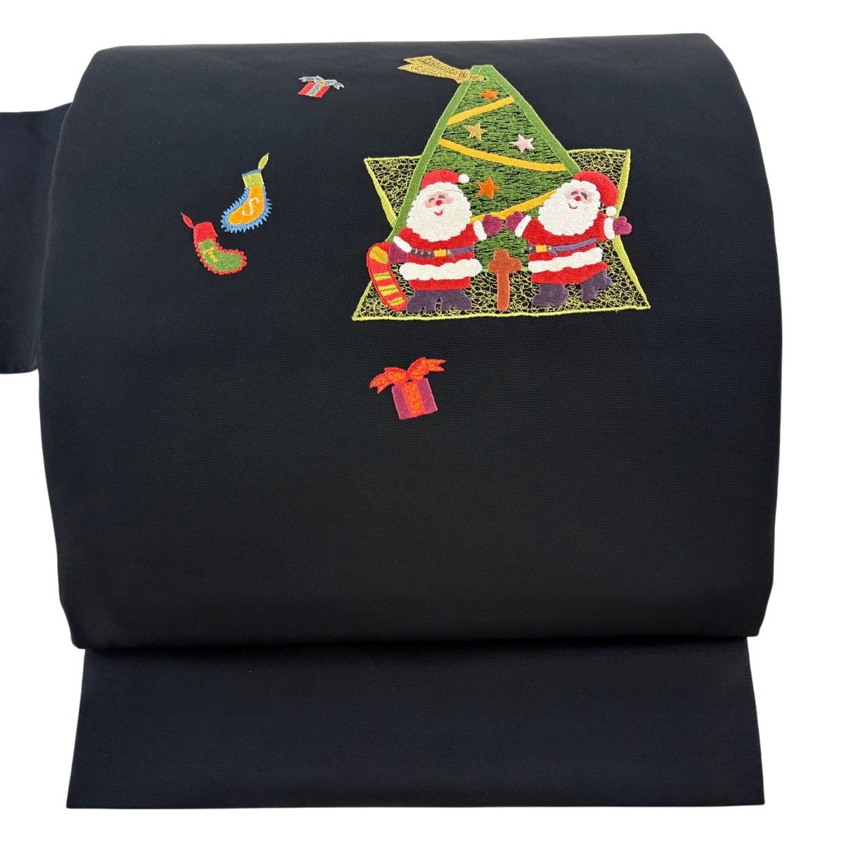 名古屋帯 逸品 サンタクロース クリスマスツリー 金糸 刺繍 黒 正絹