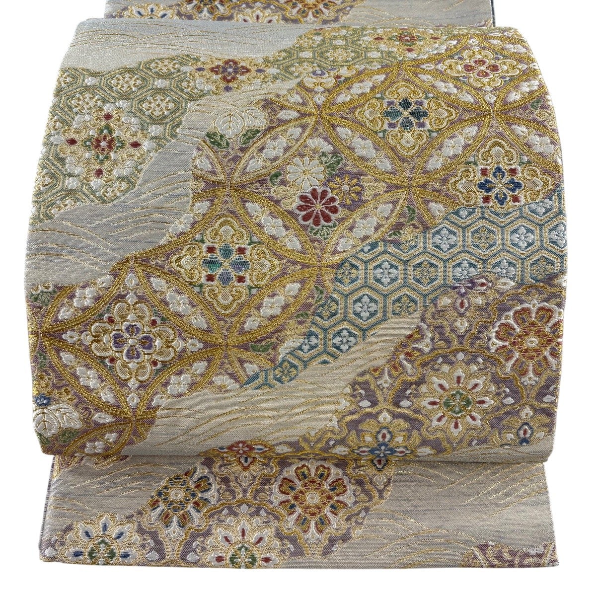 美品】 袋帯 秀品 桂由美 落款あり 市松 花 金銀糸 箔 金色 六通 正絹