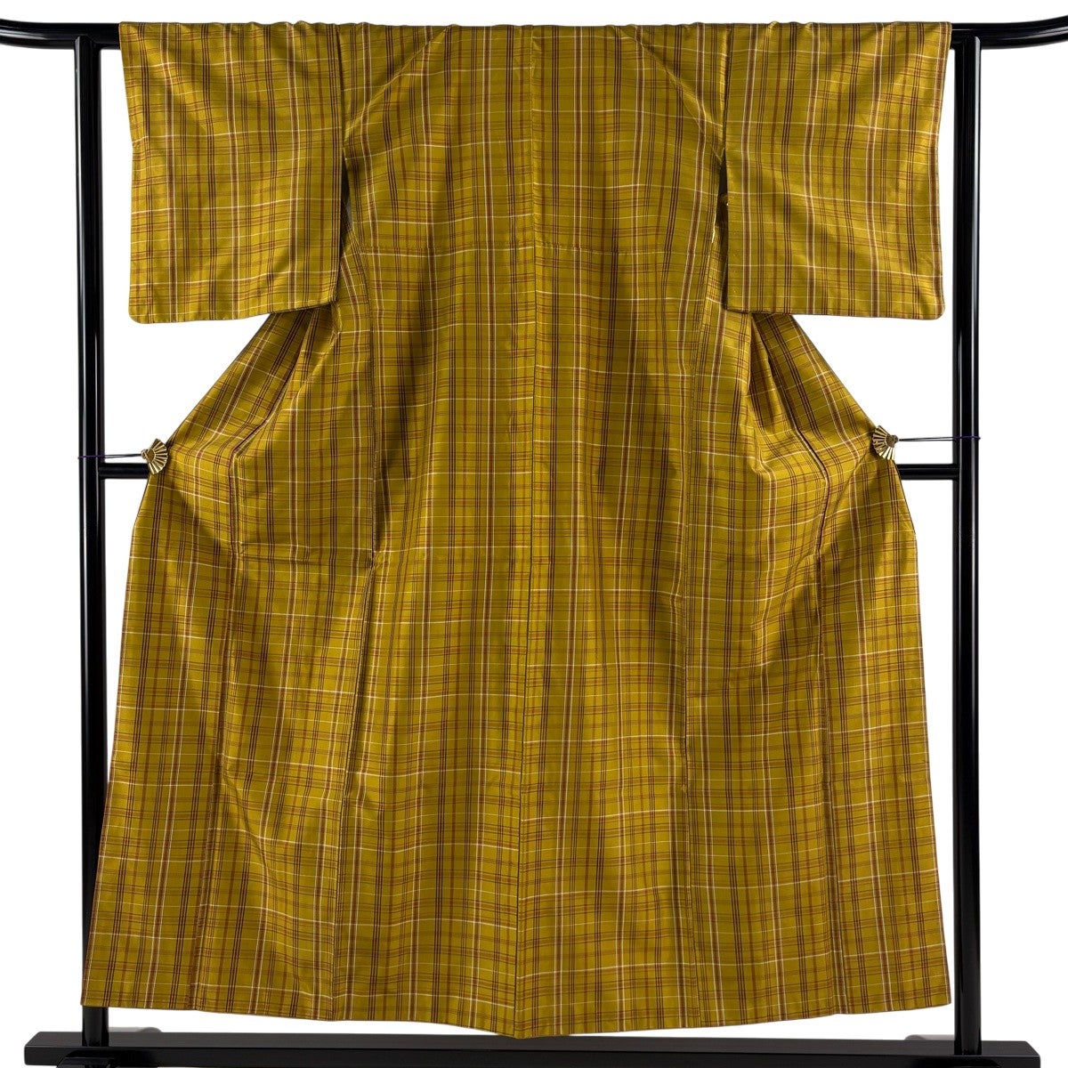 紬 身丈152cm 裄丈63cm S 袷 格子 山吹茶色 正絹 名品｜中古・古着