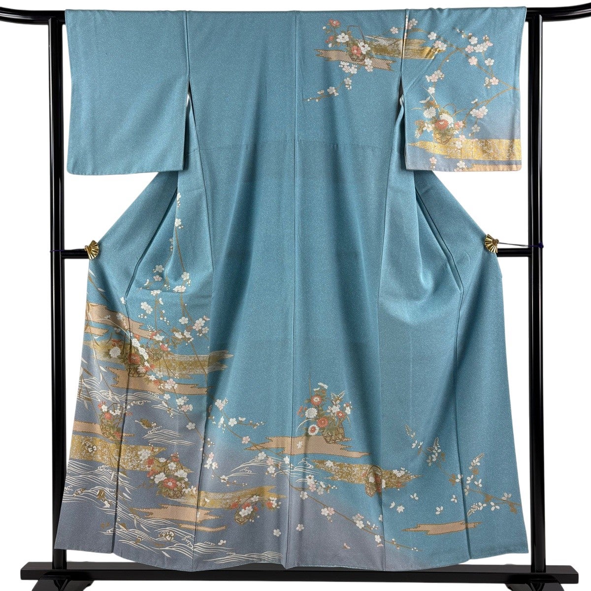 美品】 訪問着 身丈155cm 裄丈62.5cm S 袷 花籠 霞 金彩 水色 正絹