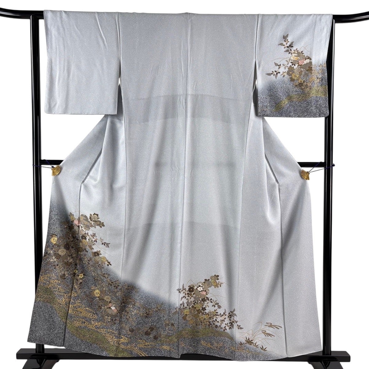 美品】 付下げ 身丈157cm 裄丈63.5cm S 袷 雪輪 秋草 螺鈿 金彩 青灰色