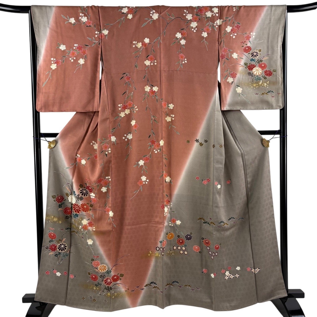訪問着 身丈162cm 裄丈65cm M 袷 菊 枝梅 金彩 染め分け オレンジ 正絹