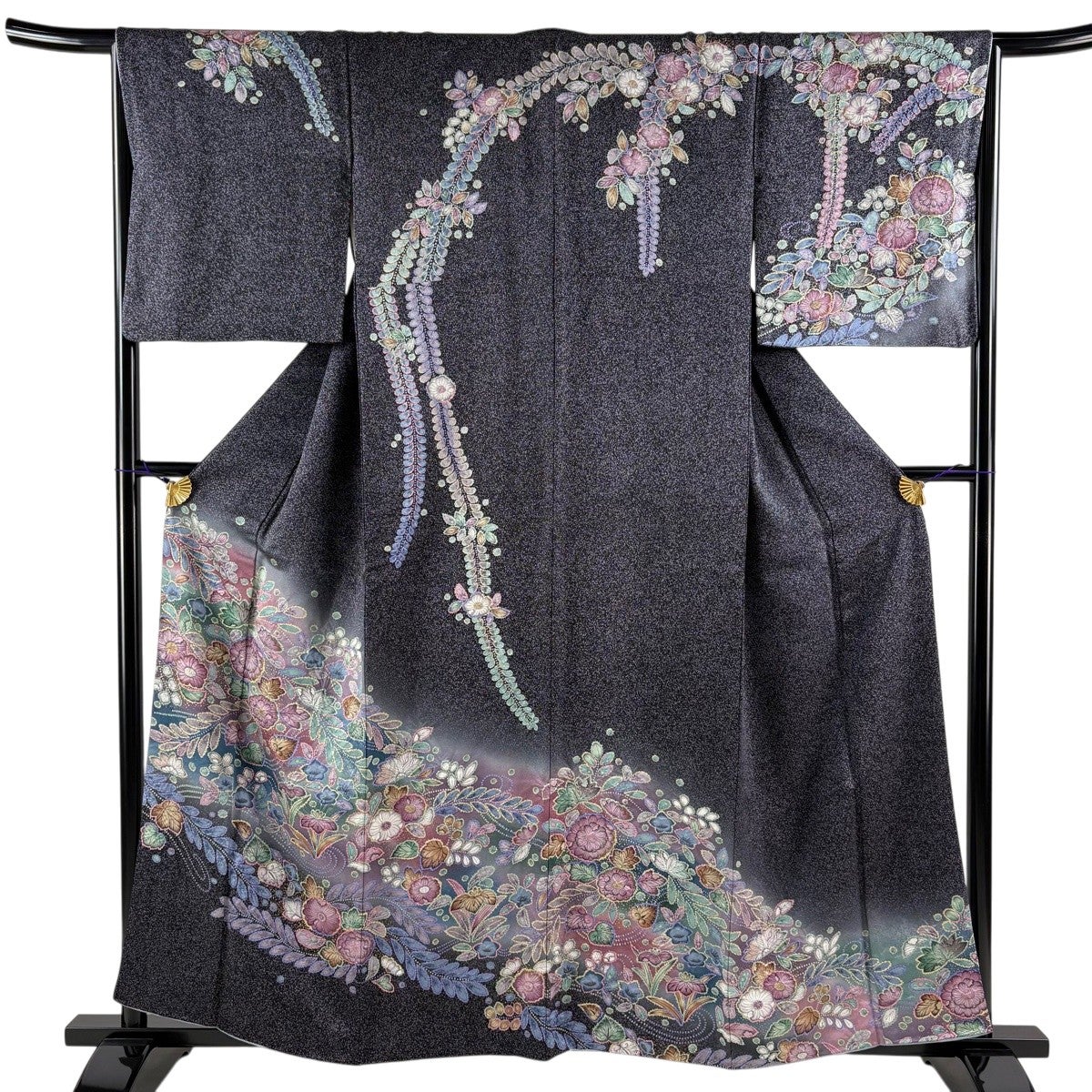 訪問着 身丈158.5cm 裄丈67.5cm L 袷 辻が花 金彩 ぼかし 墨色 正絹