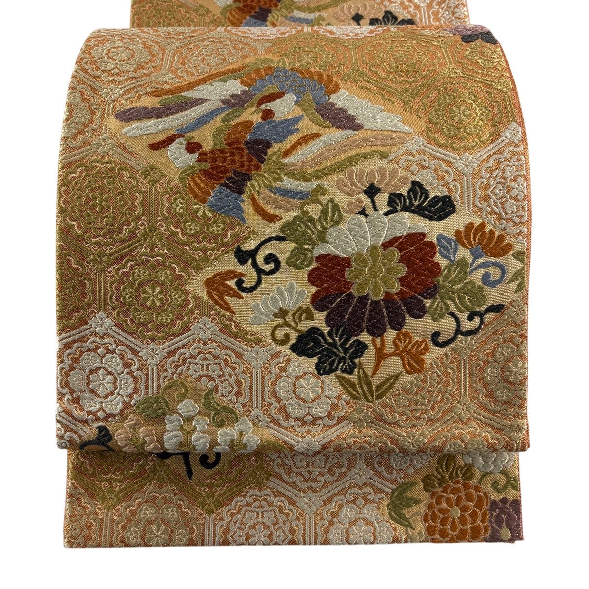 袋帯 秀品 花鳥 華文 唐織 箔 薄オレンジ 六通 正絹｜中古・古着