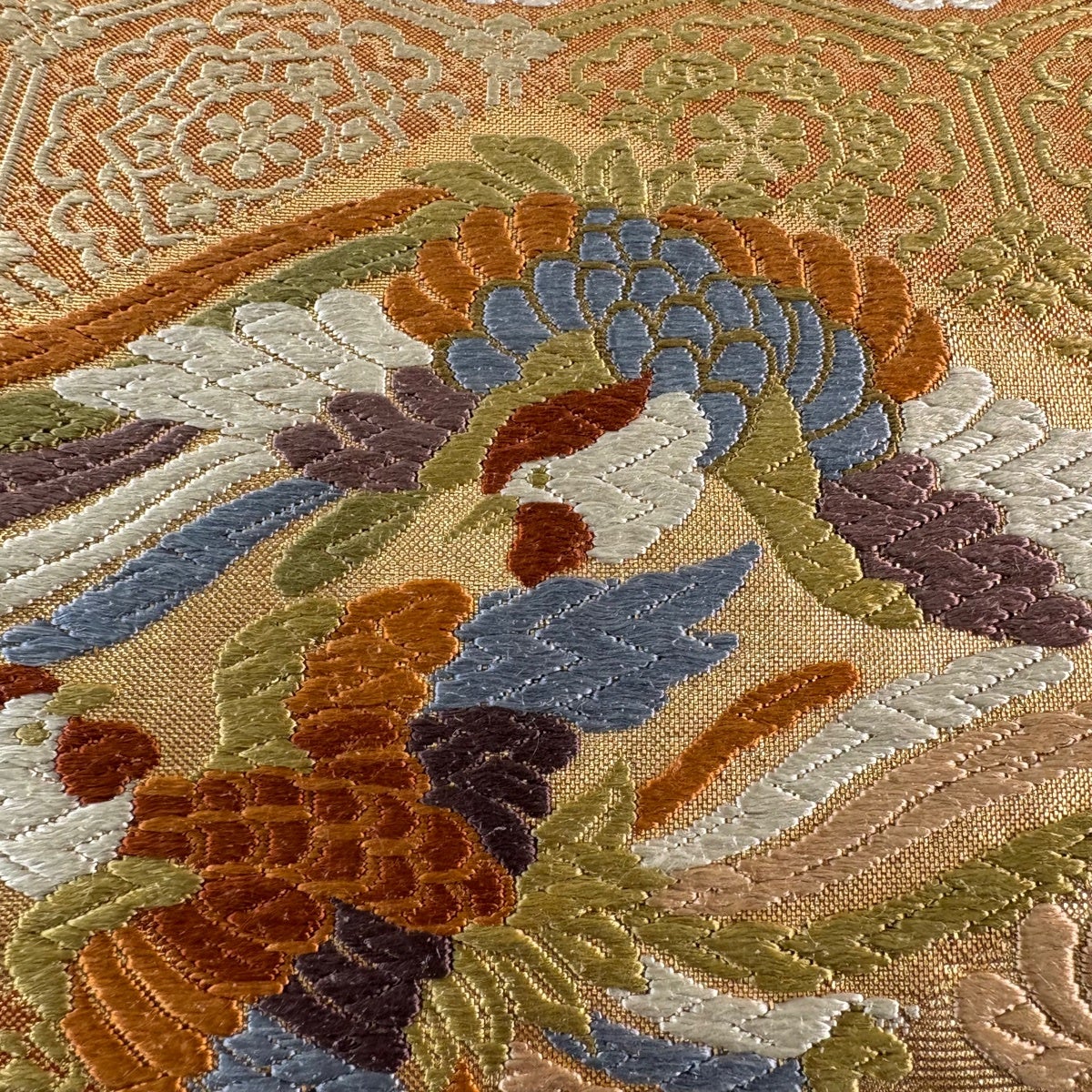 袋帯 秀品 花鳥 華文 唐織 箔 薄オレンジ 六通 正絹｜中古・古着