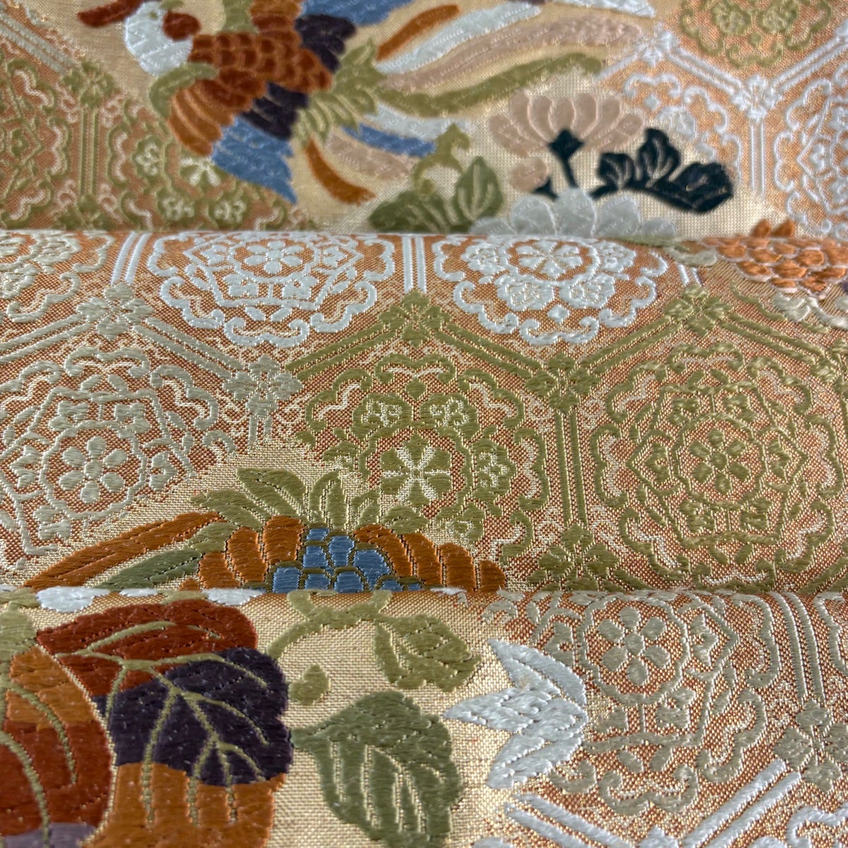 袋帯 秀品 花鳥 華文 唐織 箔 薄オレンジ 六通 正絹｜中古・古着