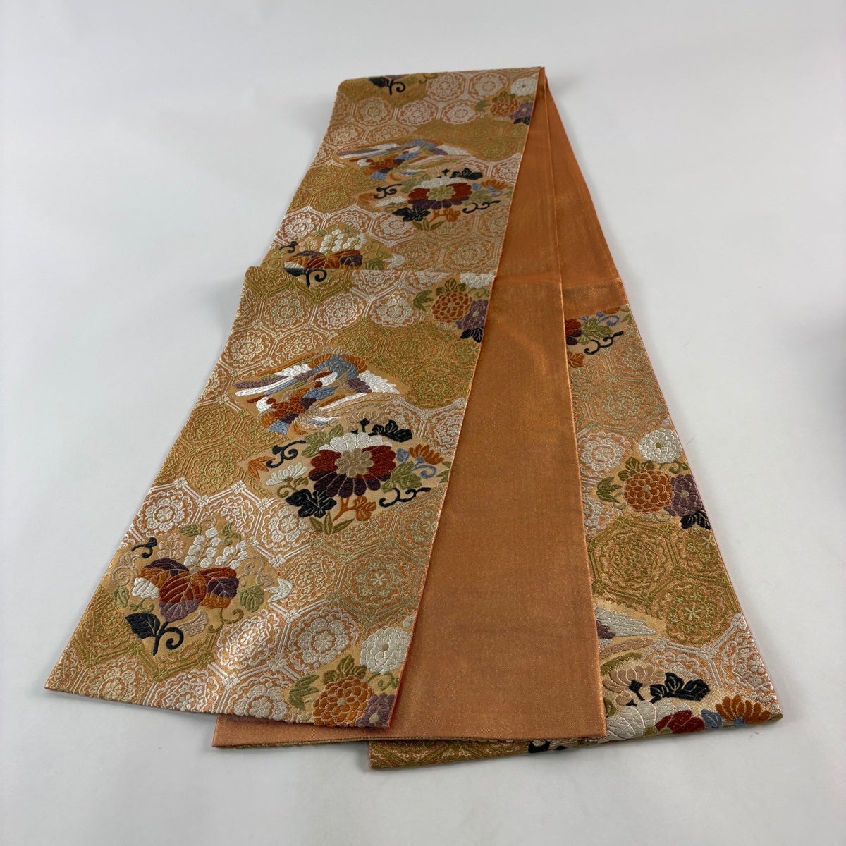 袋帯 秀品 花鳥 華文 唐織 箔 薄オレンジ 六通 正絹｜中古・古着