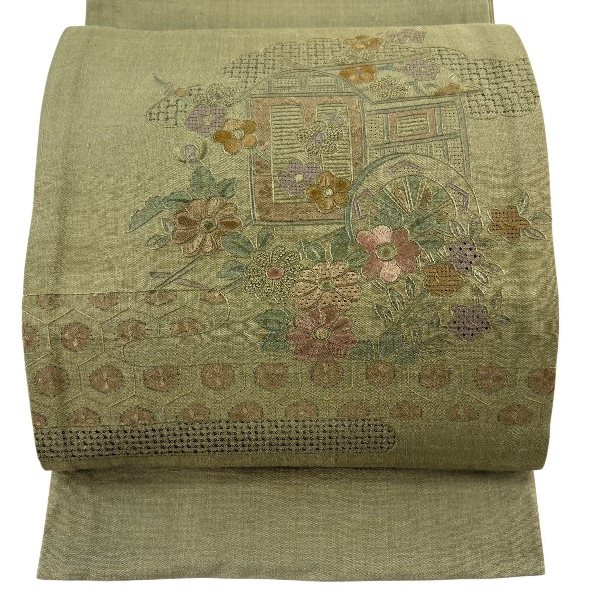袋帯 秀品 鴛鴦 刺繍 金彩 赤茶 お太鼓柄 正絹｜中古・古着