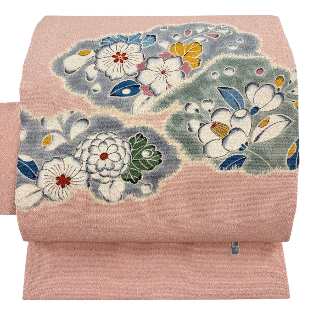 美品】 名古屋帯 秀品 草花 縮緬 薄ピンク 正絹｜中古・古着