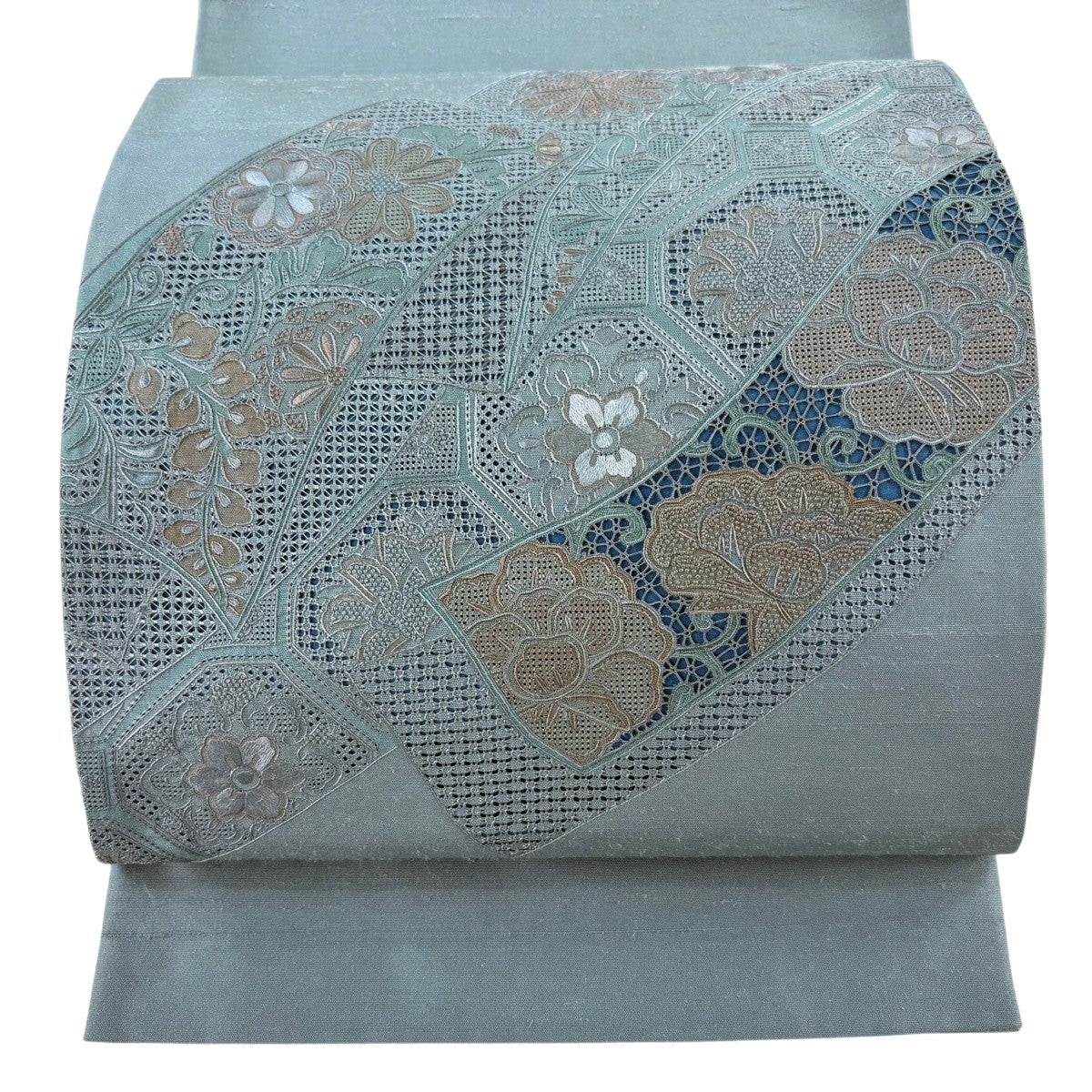 袋帯 秀品 草花 市松 刺繍 灰色 お太鼓柄 正絹｜中古・古着