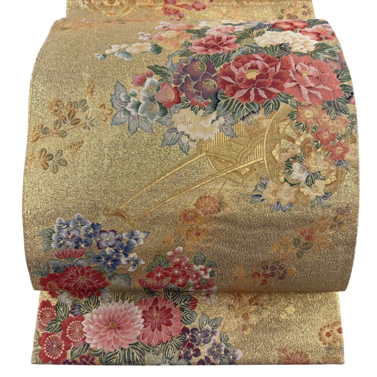 袋帯 秀品 関西仕立て 華文 向かい鳥 金糸 箔 薄茶色 六通 正絹｜中古
