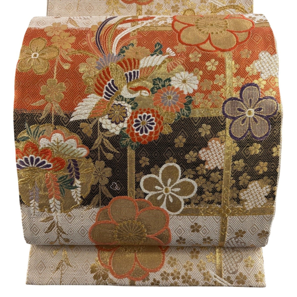 袋帯 名品 河合美術織物 落款あり 関西仕立て 束ね熨斗 草花 金糸