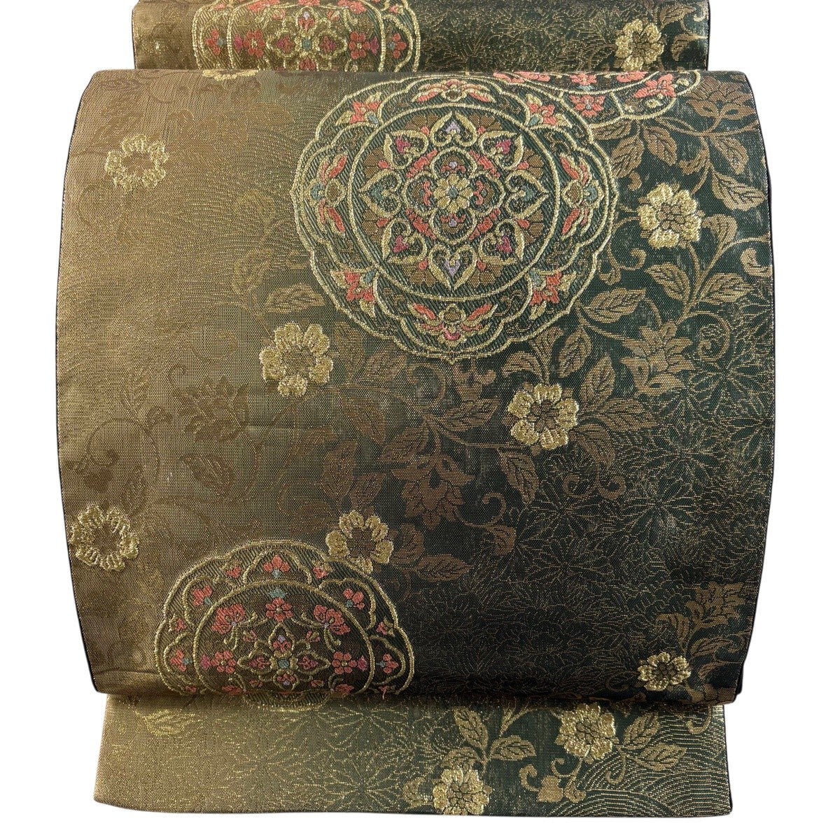 美品】 袋帯 秀品 正倉院華紋 花唐草 箔 金糸 深緑 六通 正絹｜中古