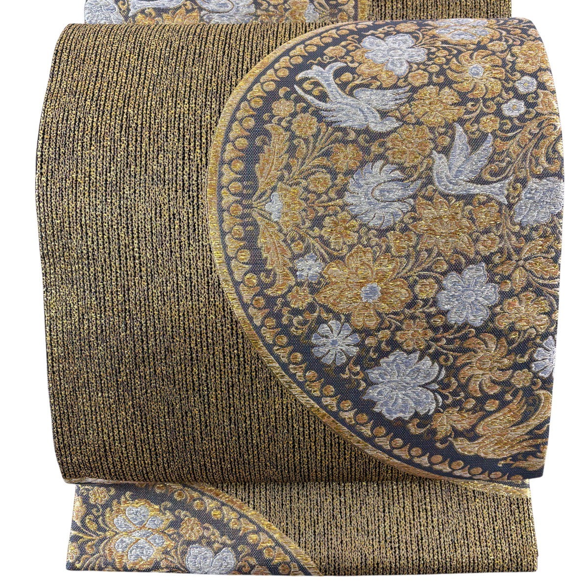 30%OFF 【美品】 袋帯 秀品 花丸文 蝶 唐織 箔 黒 六通 正絹 K30｜中古