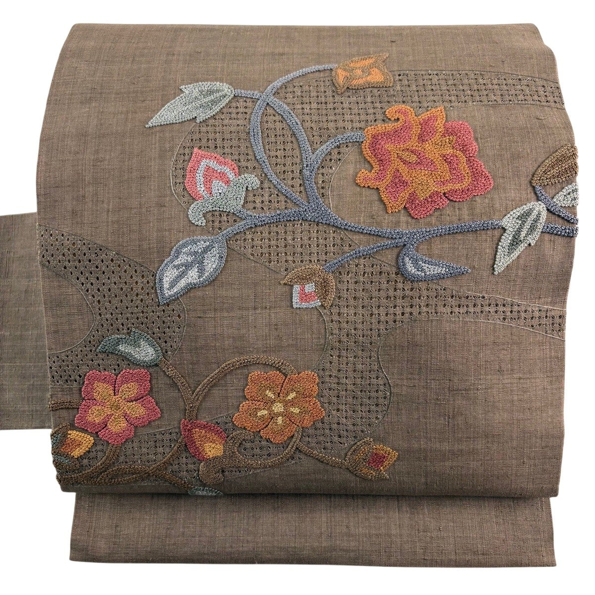 名古屋帯 秀品 紬地 草花 刺繍 茶色 正絹｜中古・古着・リサイクル着物