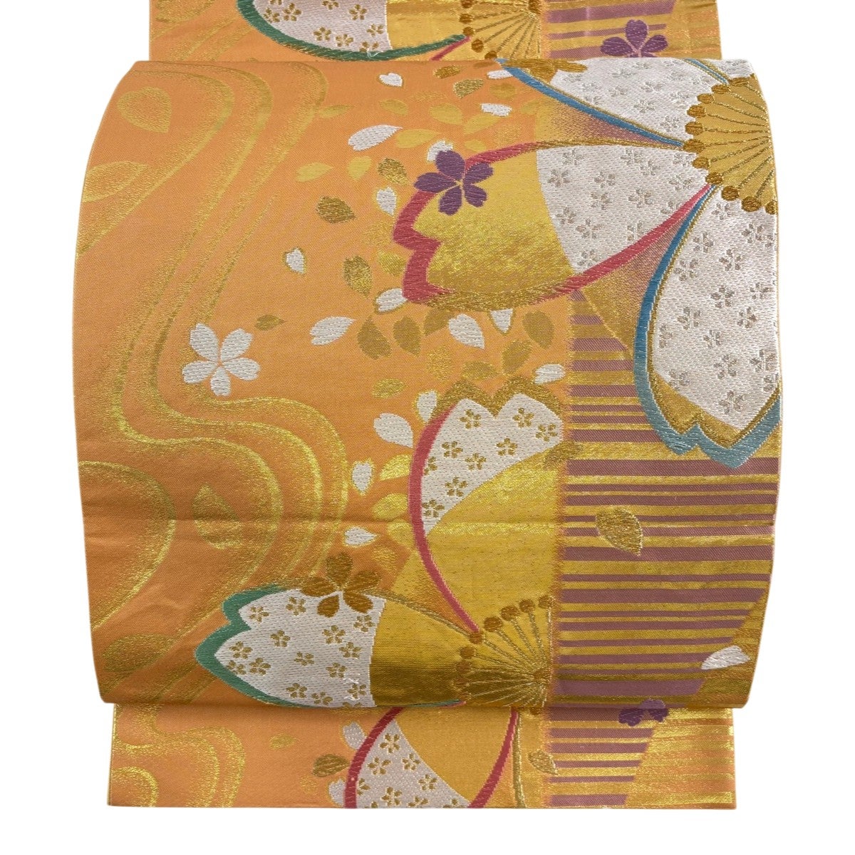 袋帯 秀品 桜 流水 金銀糸 箔 ベージュ 六通 正絹｜中古・古着
