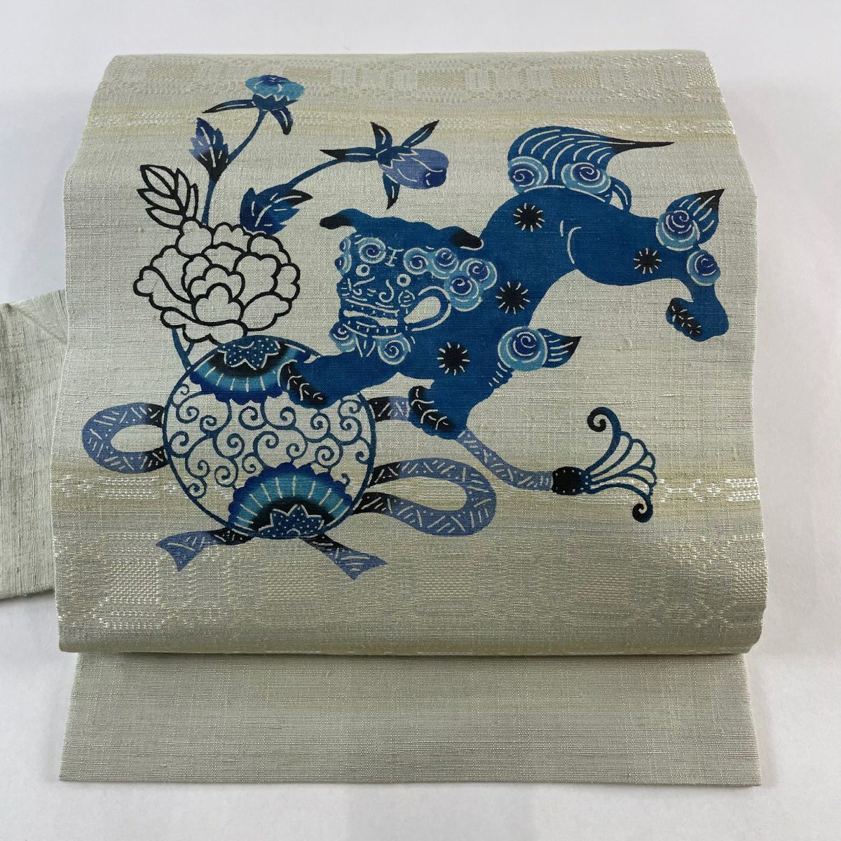 名古屋帯 美品 逸品 琉球紅型 紬地 ますいわ屋 藤崎紅型工房 狛犬 草花