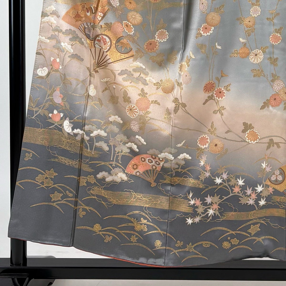 訪問着 身丈154cm 裄丈62cm S 袷 扇 草花 金彩 ぼかし 青灰色 正絹 秀