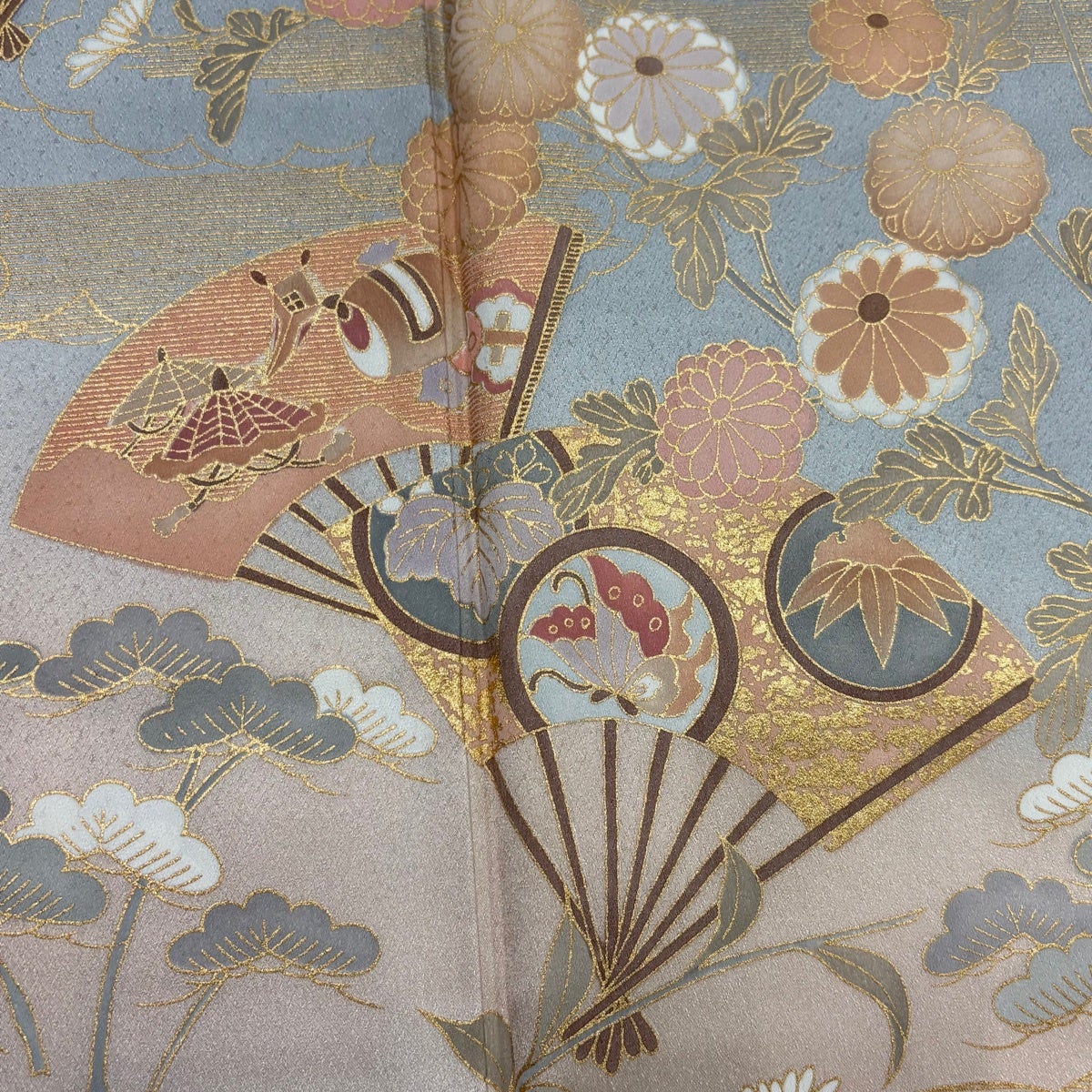 訪問着 身丈154cm 裄丈62cm S 袷 扇 草花 金彩 ぼかし 青灰色 正絹 秀
