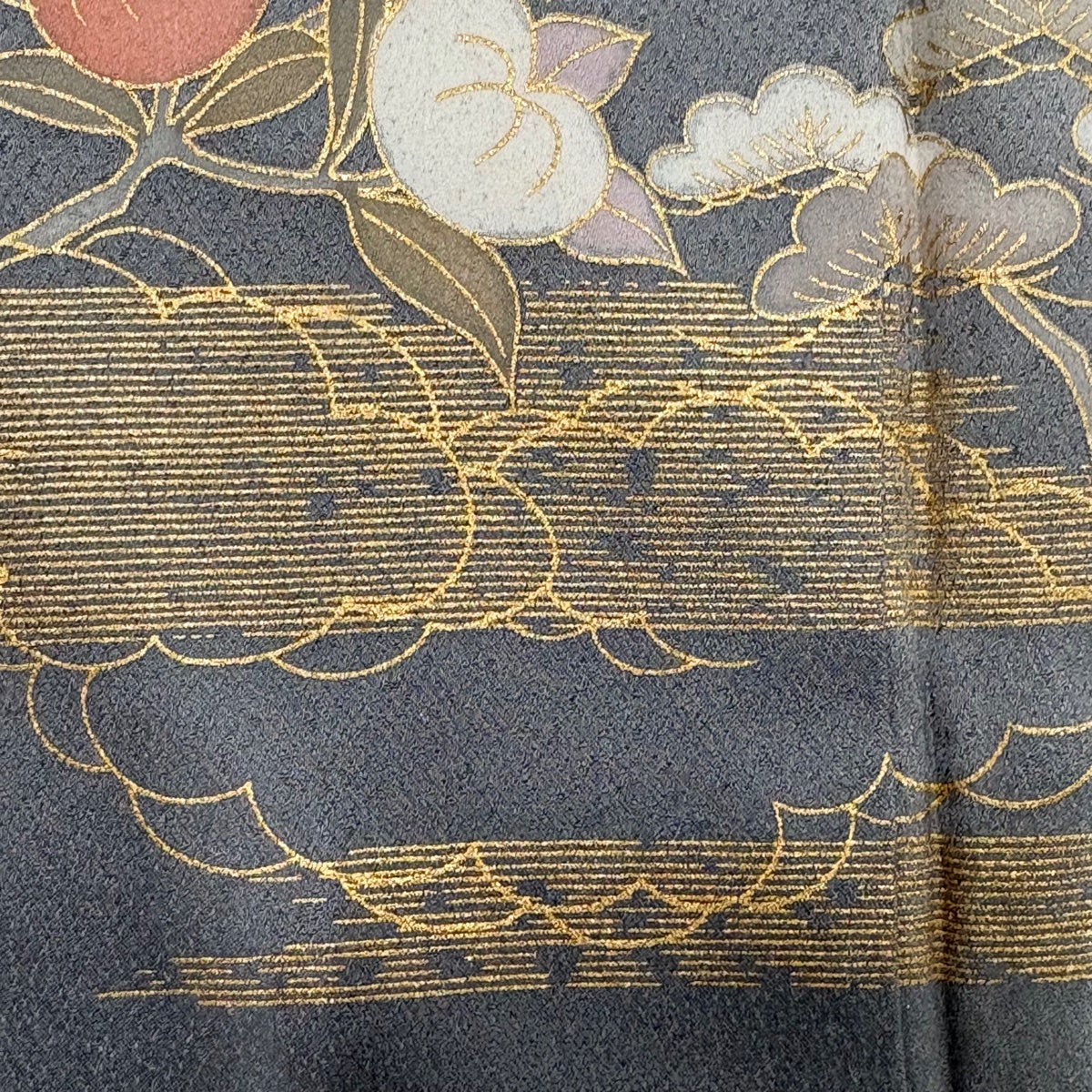 訪問着 身丈154cm 裄丈62cm S 袷 扇 草花 金彩 ぼかし 青灰色 正絹 秀