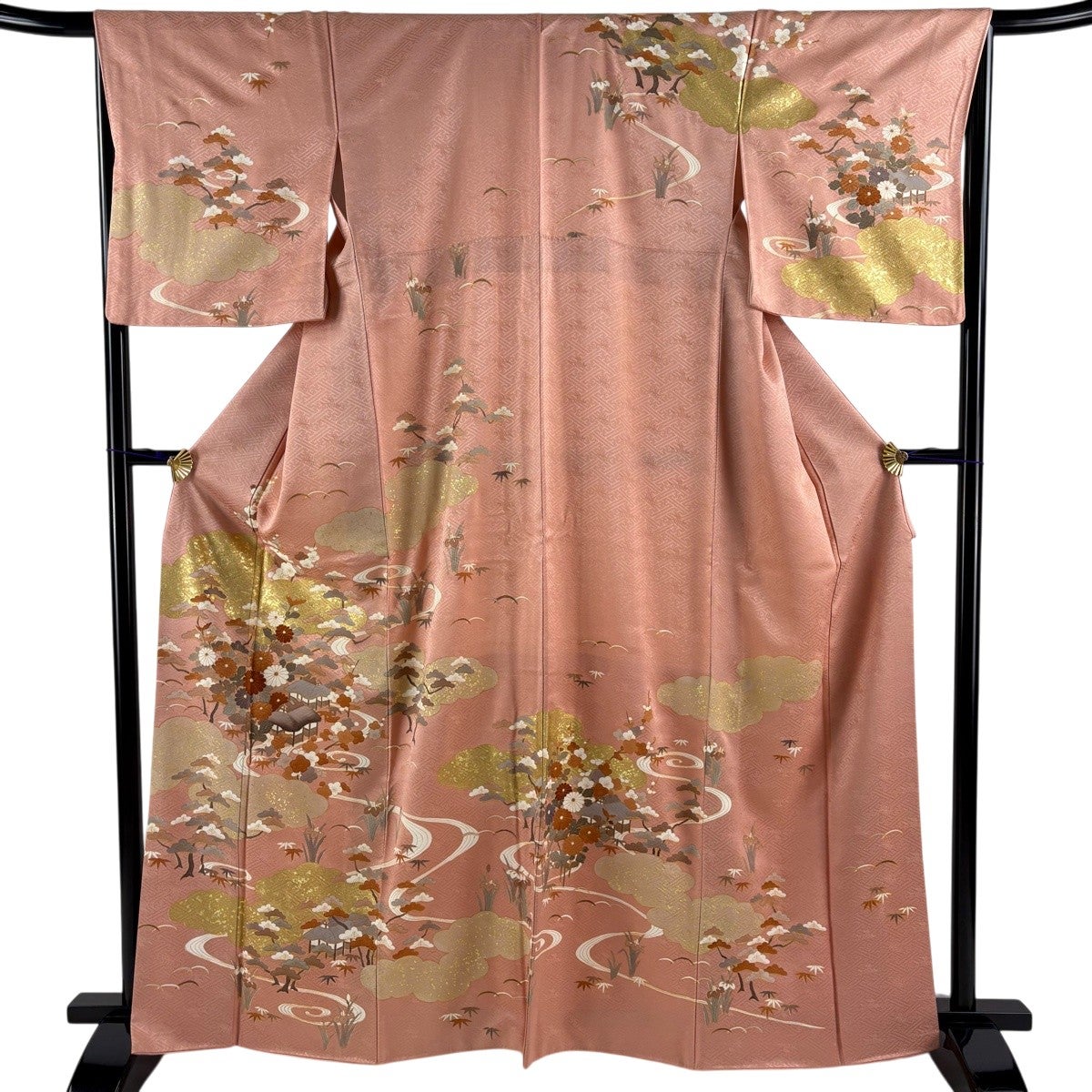 訪問着 身丈164.5cm 裄丈66cm M 袷 松竹梅 家屋 金彩 ピンク 正絹 秀品