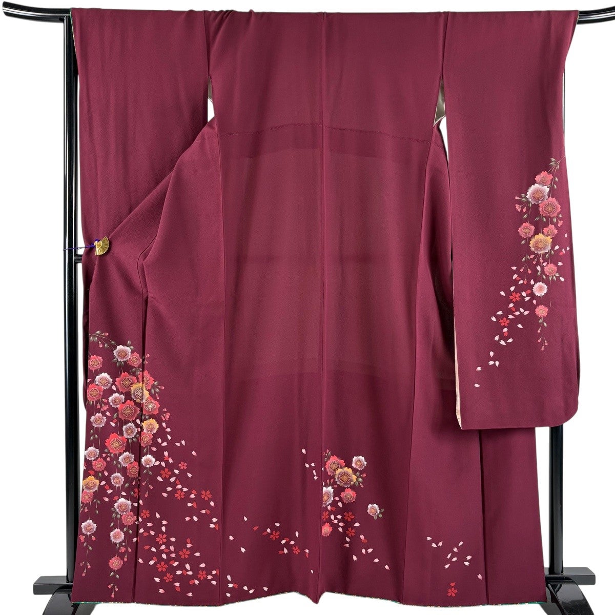 振袖　作家もの　枝垂れ桜　花びら　身丈161　裄68　正絹　着物　032tz 振袖 身丈161cm 裄丈71.5cm L 袷 枝垂れ桜 金銀彩 えんじ色 正絹 秀品