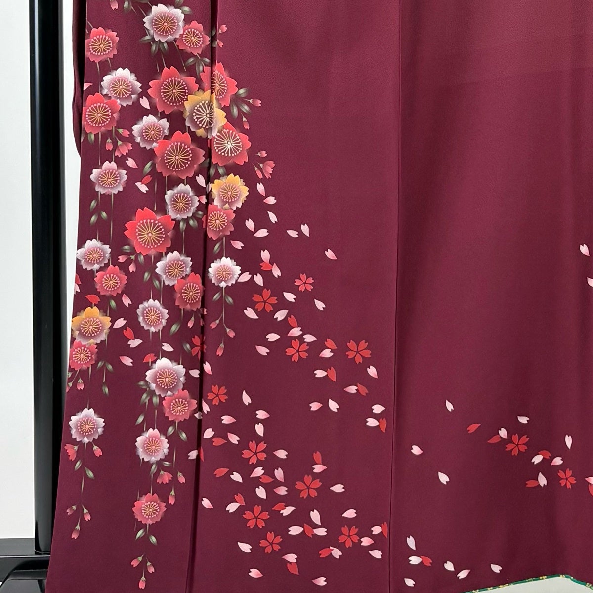 振袖 身丈161cm 裄丈71.5cm L 袷 枝垂れ桜 金銀彩 えんじ色 正絹 秀品