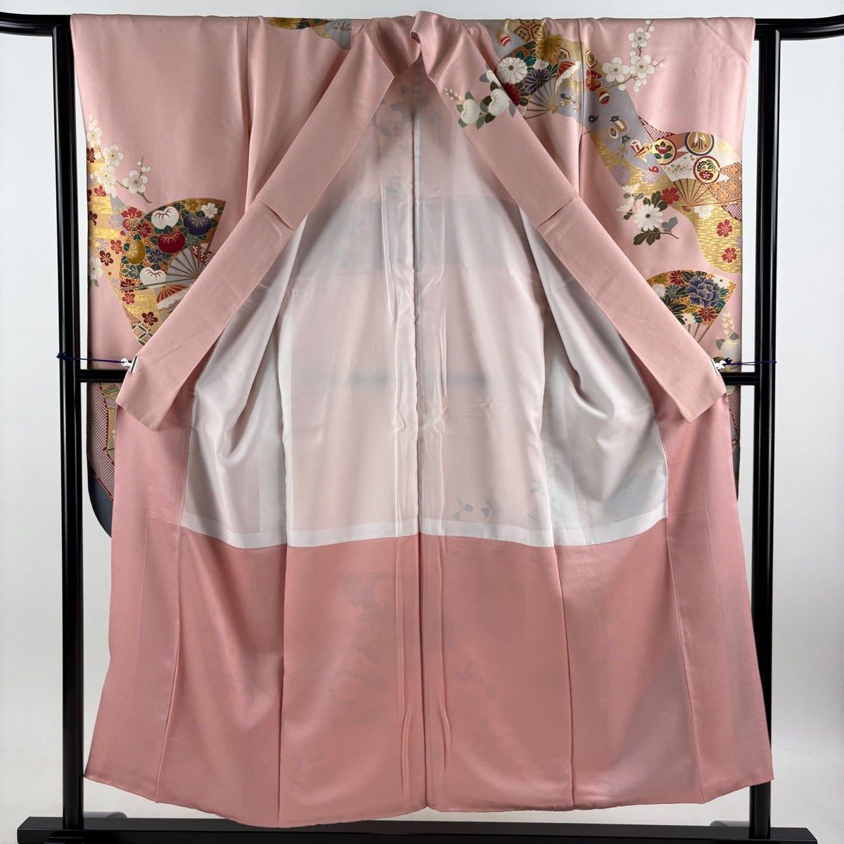 振袖 身丈153cm 裄丈62cm S 袷 扇 宝尽くし 金彩 薄ピンク 正絹 秀品