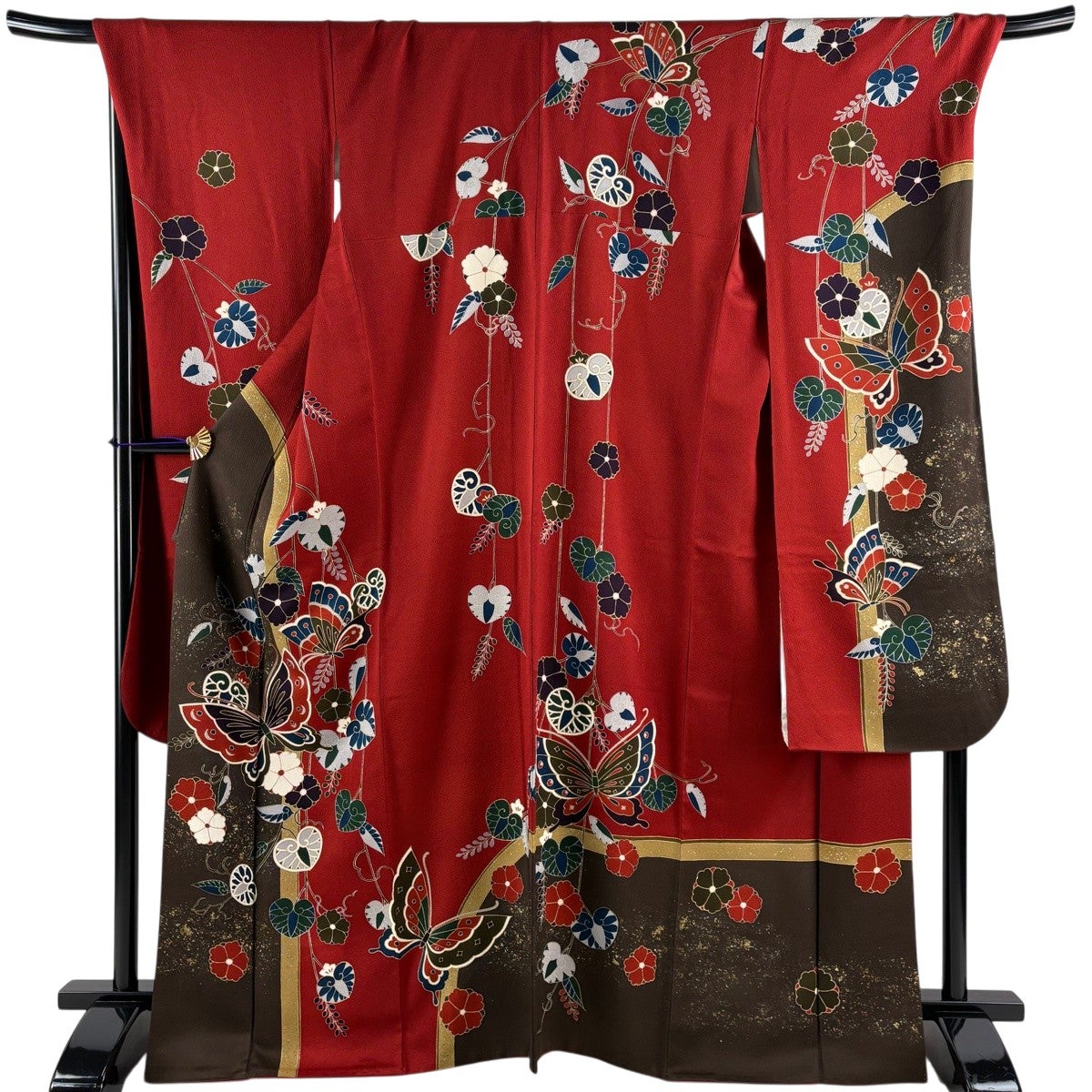 振袖 身丈167cm 裄丈72cm L 袷 蝶 葵 金銀彩 茜色 正絹 秀品｜中古