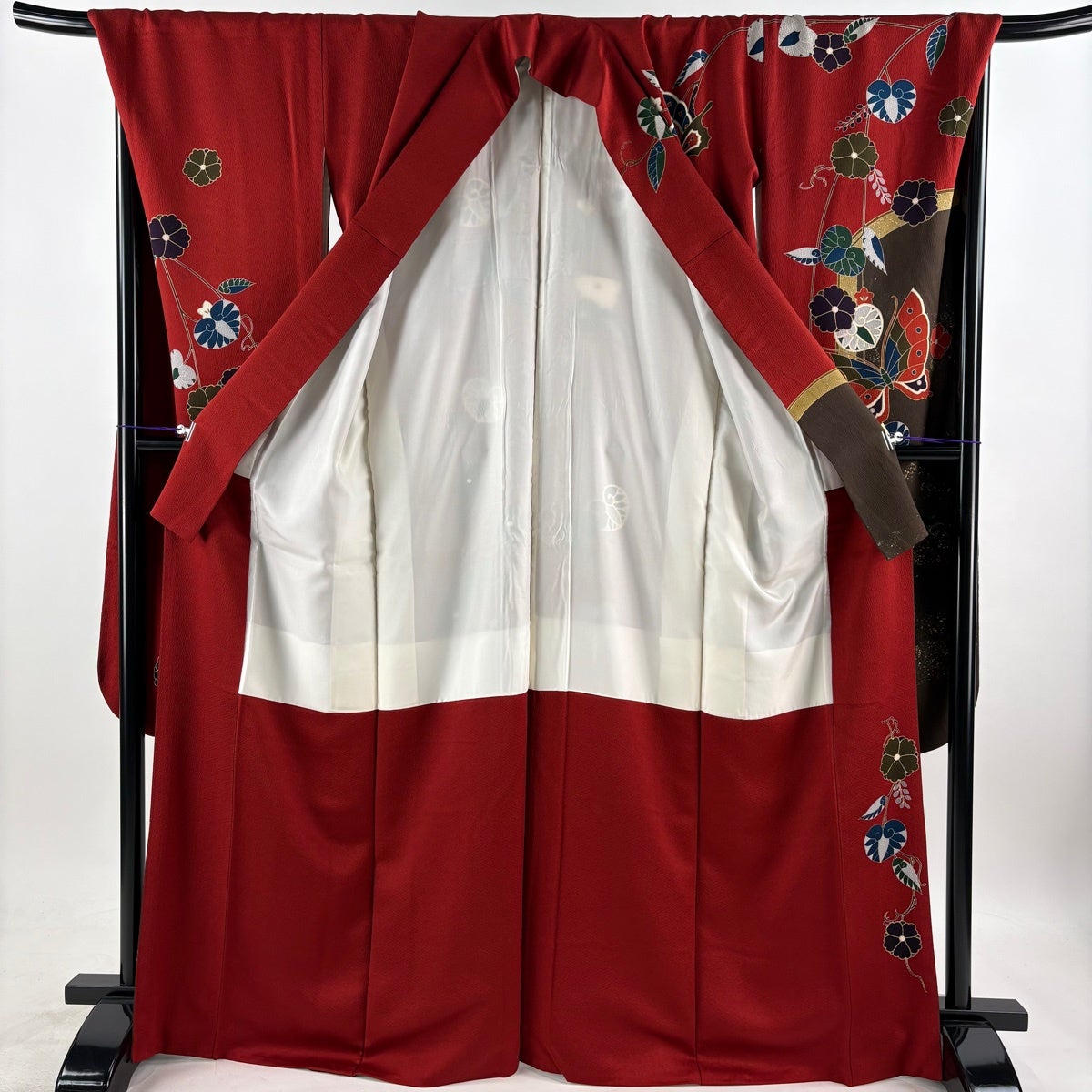 振袖 身丈167cm 裄丈72cm L 袷 蝶 葵 金銀彩 茜色 正絹 秀品｜中古